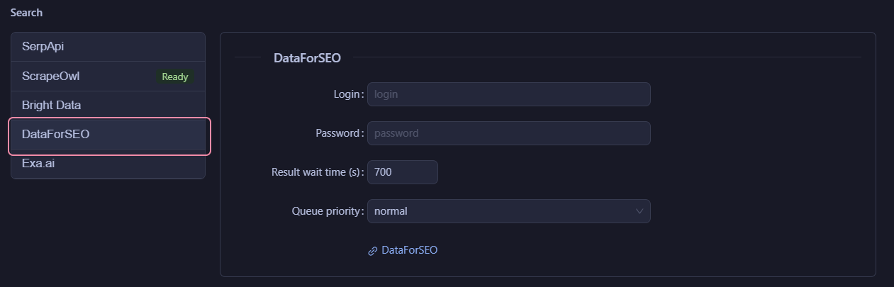 DataForSEO login in API Logins Search